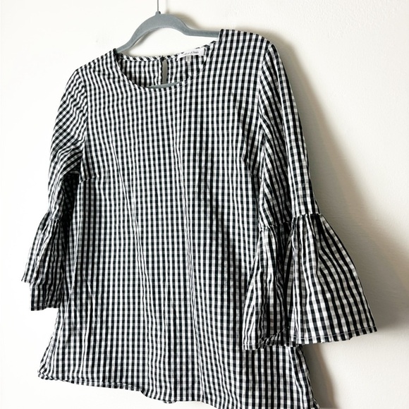 CALVIN KLEIN • Women’s Black/White Gingham Beel Sleeve Blouse Keyhole Back Sz M - Picture 3 of 5